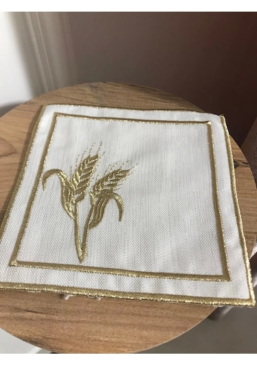 Nivemeshome Başak Nakışlı Gold Kare 6 Adet Keten Kokteyl Peçetesi Kahve Yanı Sunumluk Çok Renkli