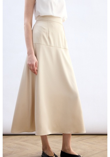Sateen Yüksek Bel Saten Etek - Taş-136786 Taş