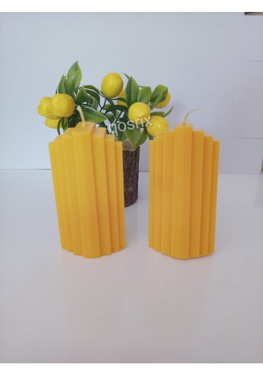 2'li Sarı Doğal Kokulu Sütun Geometrik Şekil Kule Mum Dekoratif