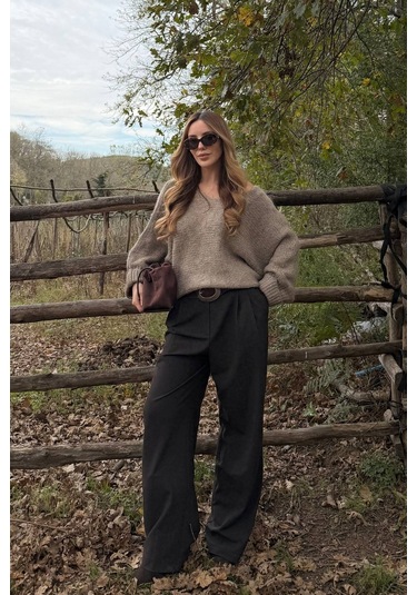 Vizon Kayık Yaka Kazak - 4338 Vizon