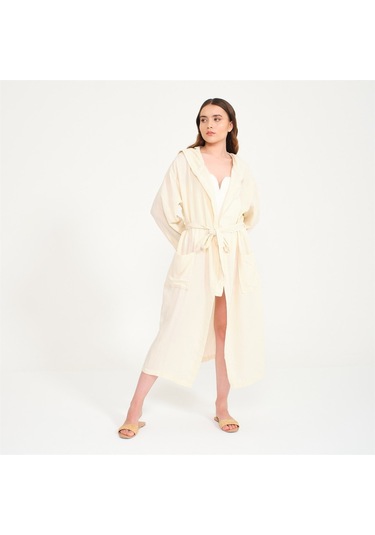 Unisex Kapüşonlu Uzun Müslin Bornoz-Bej