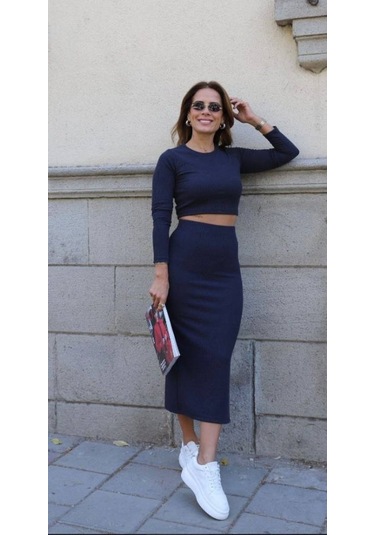 Ge Ticaret Kadın Soft Kaşkorse Kumaş Bluz Ve Yırtmaç Detaylı Etek Ikili Takım Lacivert