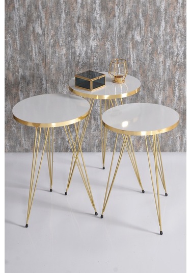 Zigon Sehpa Ve Orta Sehpa Elips Set Gold Beyaz Tel Ayak