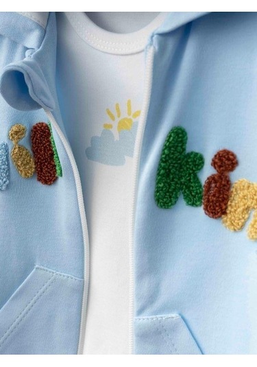 3 Lü Organik Bebek Kapüşonlu Eşofman Takımı-16188 Mavi