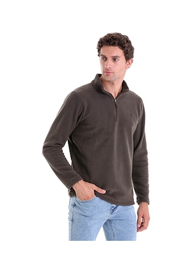 Hatemoğlu Regular Fit Düz Tam Boy Fermuarlı Polar Sweatshirt Haki