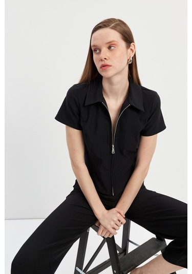 Stella Pulvis Siyah Fermuarlı Slim Fit Kuplu Bluz