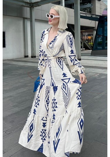 Madmext Beyaz Desenli Kruvaze Yaka Uzun Kadın Elbise Mg2052-beyaz