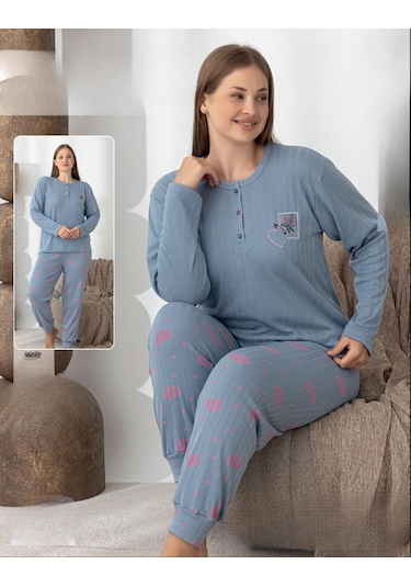 Lindros Kadın Pamuk'lu Düğme Yaka Raporlu İnterlok Kışlık Battal Pijama Takımı 0242 - 1 Adet Mavi