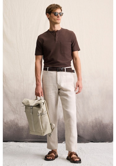 ERMAC Erkek Hakim Yaka Düğmeli Kısa Kol Koyu Kahverengi T-Shirt