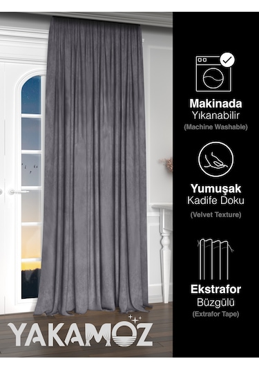 Yakamoz Kadife Görünüm Karanlık Gri Ada Fon Perde Ekstraforlu Velvet Touch Serisi Karanlık Gri