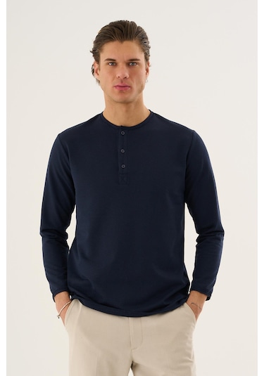 Alexandergardi Waffle Kumaş Düğmeli Yaka Uzun Kollu Sweatshirt Lacivert