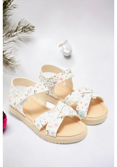Cırt Cırtlı Ekru Baskılı Kız Çocuk Sandalet 001