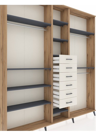 Arges Dolap 10 Raflı 6 Çekmeceli 3 Askılı 220x30x243 Çam-antrasit/aytaşı Antrasıt/aytası