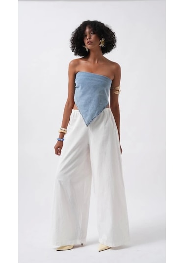 Defymoda Bağlamalı Denim Crop Mavi