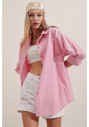 Bigdart 3900 Oversize Uzun Basic Gömlek - Pembe 001