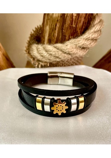Deri Ve Çelik Mixli Dümen Figürlü 3 Lü Erkek Bileklik 21 Cm Altın - Siyah