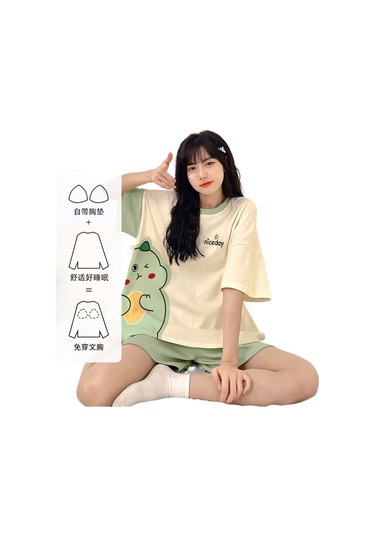 Snapbuy Göğüs Yastığı İle Şişme Önleyici Pijama Kadın Yaz Gülen Kore Kısa Kollu Şort Sevimli Öğrenci İnce Ev Giyim Seti 6007 Tek Boynuzlu At Göğüs Yastığı İle