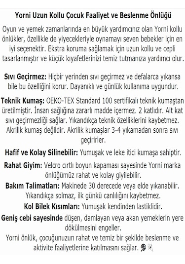 Yorni 2-5yaş, Zoo, Sıvı Geçirmez,cepli,uzun Kollu Bebek Mama Önlüğü Çok Renkli