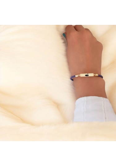 Archin Kuğu Temalı Dikdörtgen Motifli Mor Derili 14 Ayar Altın Plakalı Hediye Bileklik-412sembol Kuğu