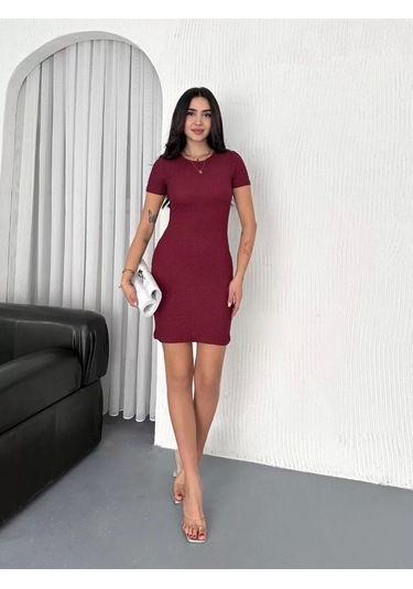 Kadın Bisiklet Yaka Kısa Kol Likralı Elbise - Bordo Bordo