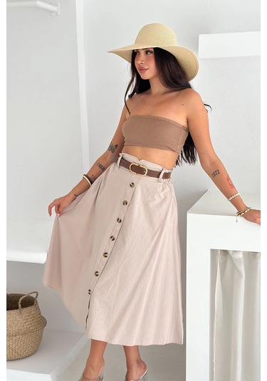 Kemerli Boydan Düğmeli Keten Etek Krem Krem