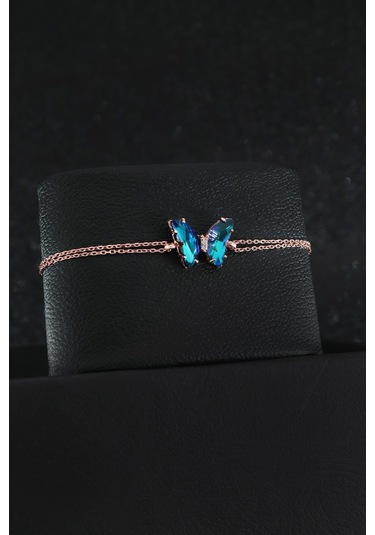 Parmas Design Özel Kesim Mavi Taşlı Kelebek 925 Ayar Gümüş Ayarlanabilir Bileklik - Rose