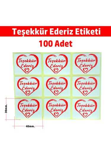 Kalp Desenli Teşekkür Etiketi - Thank You Sticker Yapışkanlı