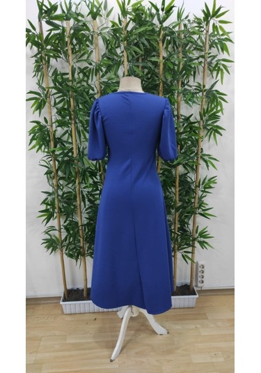 Kadın Kısa Balon Kollu Bisiklet Yaka Geniş Kesim Janjan Krep Elbise Saks Mavi