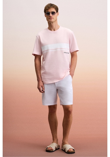 LAMINE Erkek Baskı Ve Nakış Detaylı %100 Organik Pamuk Bisiklet Yaka Kısa Kollu Regular Fit Pembe T-