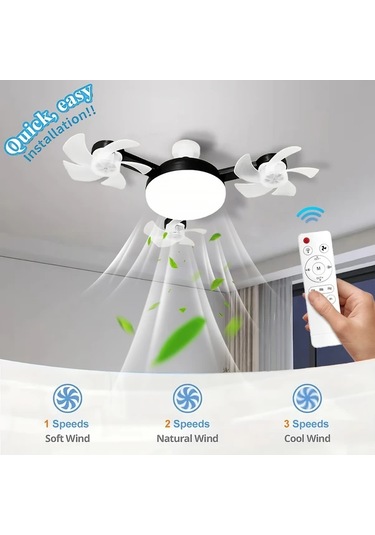 Boatshop1 Led Akıllı Uzaktan Kumandalı Üç Siyah Fan E27 E26 Soketli Ayarlanabilir Parlaklık 3 Hız Seçeneği Yatak Oturma Çalışma Odası