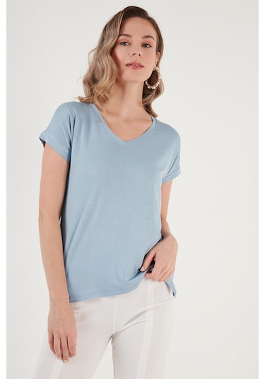 Lela V Yaka Relaxed Fit Yırtmaç Detaylı 2'Li Paket Bayan Bluz 5862000S2 Bebe Mavi-Vişne