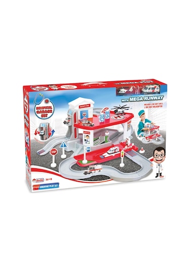 İki Katlı Hastane Garaj Seti - Otopark Seti - Araba Seti - Doktor Oyuncak - İki Katlı Garaj