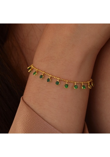 Queen Silver Jewelry 925 Ayar Gümüş Yeşil Renk Geçişli Top Zincirli Bileklik Altın