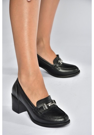 Fox Shoes V468708203 Siyah Hakiki Deri Kalın Topuklu Kadın Ayakkabı Siyah