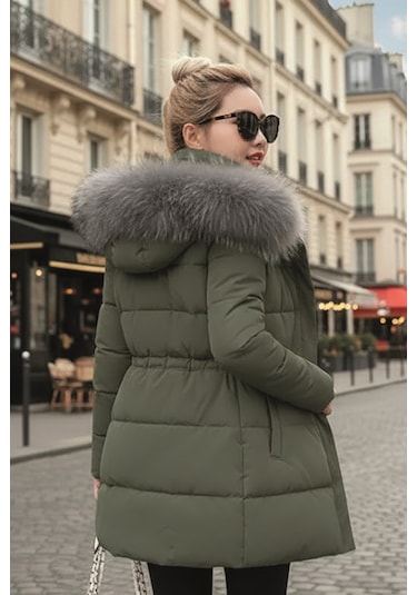 Barbora Kışlık Orta Boy Kapüşonlu Kadın Mont Haki