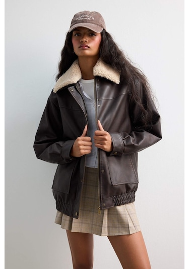 Defacto Çıkarılabilir Suni Kürk Yaka Dad Fit Polo Yaka Tafta Suni Deri Mont E8540ax25aubn495 Kahve Defacto Çıkarılabilir Suni Kürk Yaka Dad Fit Polo Yaka Tafta Suni Deri Mont E8540ax25aubn495 Kahve