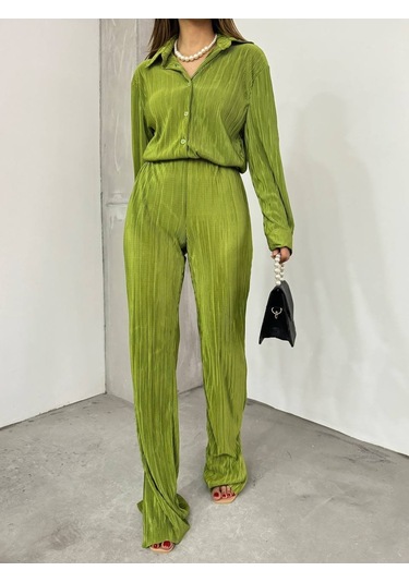 Bayrama Özel Kadın Düşük Omuz Salaş Gömlek Ve Yırtmaç Detay İspanyol Paça Pantolon Yeşil