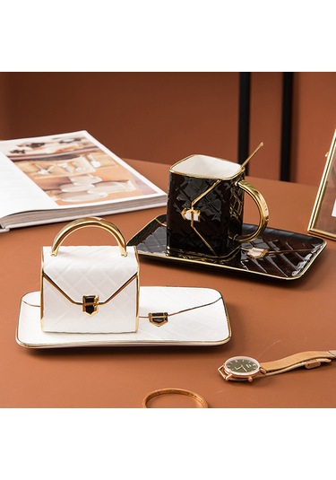 Neevoyu 310ml Seramik El Çantası Desenli Kahve Fincanı Seti: Fincan, Tabak Ve Kaşık - Pembe Pembe