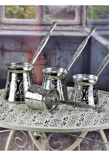 Antep İşlemeli Nikelli Döküm Sap Bakır Cezve Takımı