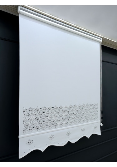 Lazer Etek İşlemeli Stor Perde - Beyaz - İthal Mat Kalın Stor Beyaz