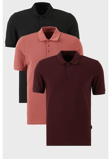 Buratti Pamuklu Regular Fit Düğmeli Polo Yaka 3'Lü Paket Erkek T Shirt 5902127S3 Siyah-Vişne-Gül
