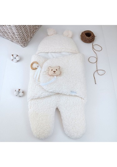 Bebek Dış Kundak Battaniyesi Pelüş Ayaklı Welsoft Uyku Tulumu Kışlık Mont Yenidoğan 0-12 Ay Ecru Ekru