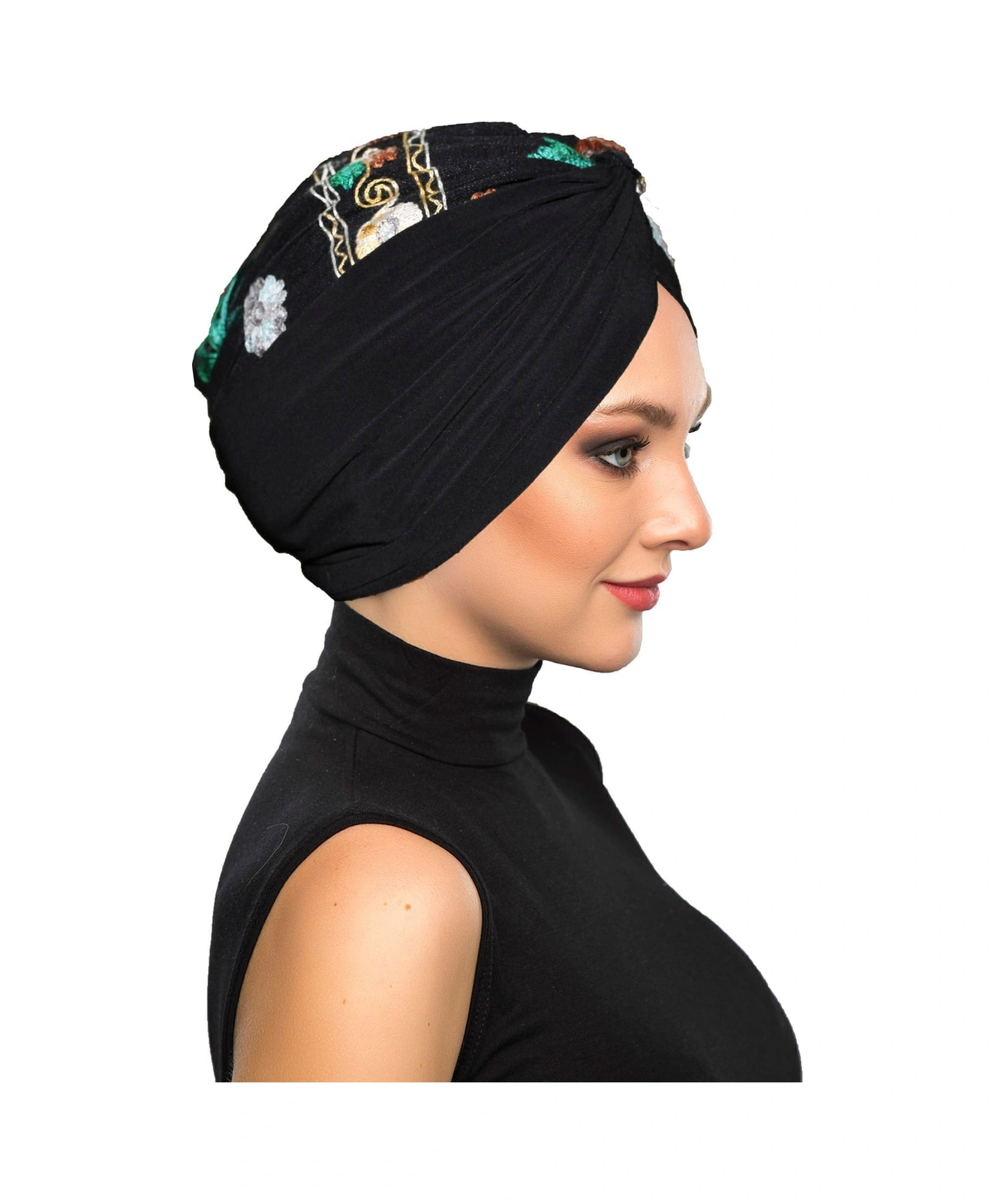 Otantik Nakış Motifli Astarlı Hazır Türban Tesettür Bone Siyah Motif 2