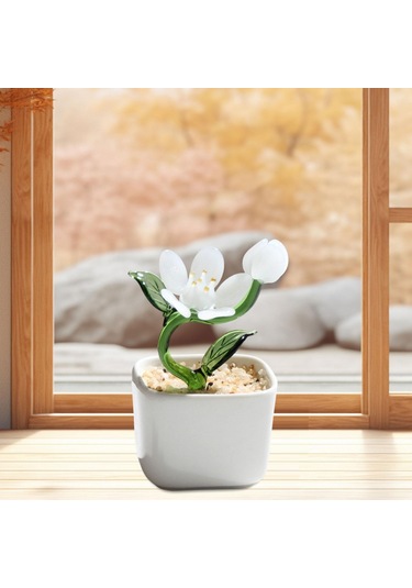 Suntek Magideal  Saksı Bitki Cam Heykeli Heykelcik Dekoratif Hediye Beyaz