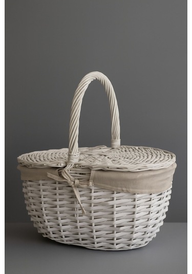 Beyaz Hasır Piknik Sepeti 40x30x19 Cm Kapaklı Termoform Sepet Krem Kumaş Detaylı Beyaz