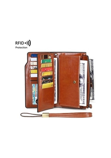 Linjinxu 1669 Rfıd Anti-manyetik Hırsızlığa Karşı Retro Uzun Cüzdan Kartlık Belge Çantası Lotus Rengi Çok Renkli