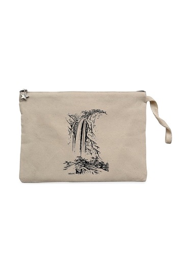 Black Silhouette Of Waterfall Krem Clutch Cüzdan / El Çantası Krem