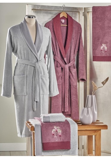 Taç Pure Cotton Aile Bornoz Seti Lea Mürdüm-Gri Mürdüm