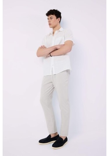 DeFacto %100 Pamuk Keten Görünümlü Yazlık Jogger Pantolon Dar Paça Beli Bağcıklı Lastikli Cepli Z6475AZ25SPGR94