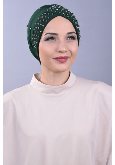 Kadın Tesettür İncili Taşlı Havuz Dış Bone Zümrüt Yeşili Zümrüt Yeşili